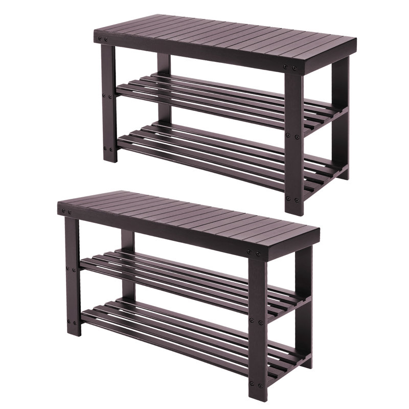 (2 Pack) 6-9 Pair Capacity Natural Bamboo Shoe Bench, 3-Tier Storage Stool, Entryway/Bed End Seating Bench, Brown