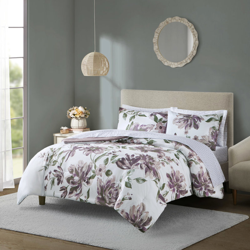 Lit simple moderne avec édredon mauve à motif floral et draps plats et ajustés, Édredon simple + 4 pièces supplémentaires