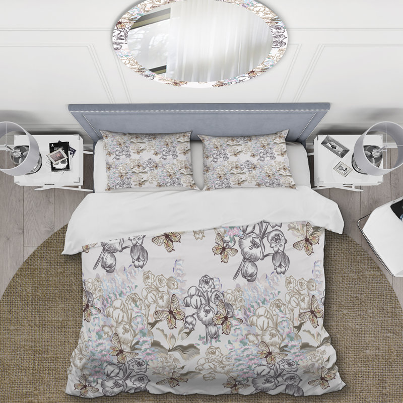 Fleurs de printemps et papillons - Ensemble de housse de couette à motif floral - Microfibre de polyester