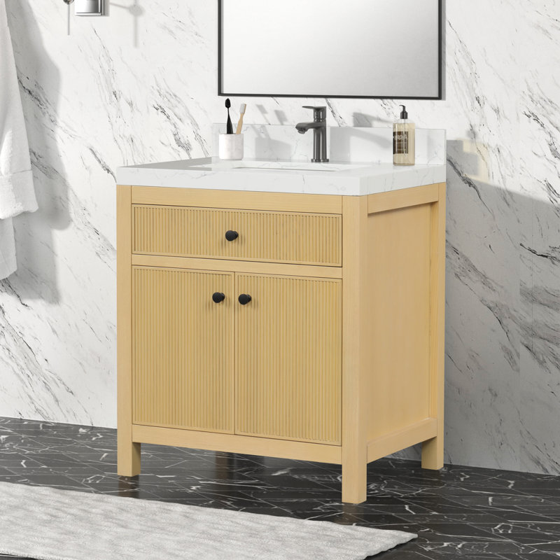 Ensemble de meuble-lavabo autoportant 30 po en chêne classique avec comptoir en quartz blanc Tauté