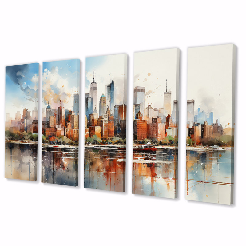«Dreamy New York Scenery Retro Watercolor IV - City New York», reproduction sur toile - 5 panneaux égaux