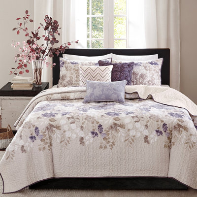 6 Piece Printed Quilt , Taupe, Full, Watercolor Floral Design, Reversible To Microfiber, Decorative Pillows With And Embroidery Details Full/Queen Size Print,