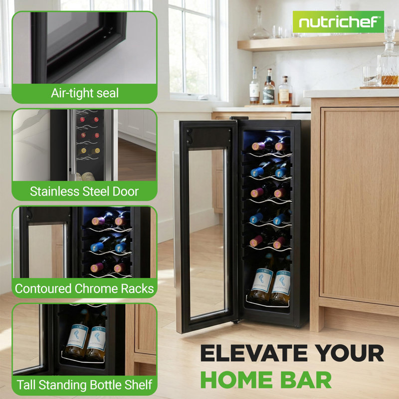 NutriChef Single Zone 17.72" Freestanding Wine Refrigerator, Holds 12 Bottles, Compact Design, Perfect for Home Use