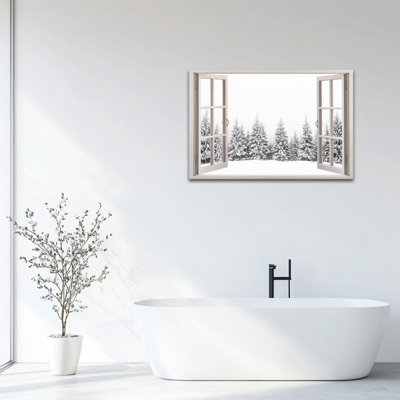 Grande fenêtre hivernale, art mural sur toile, paysage enneigé de forêt, fausse fenêtre d'hiver, toile encadrée pour salon, chambre à coucher, bureau, décoration murale, 36 po x 48 po