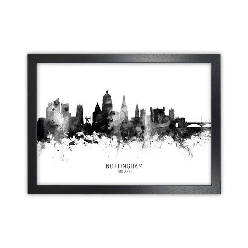 Nottingham England Skyline Black White City Name by Michael Tompsett - Print, 46cm H x 63cm W x 3cm D, Black Framed