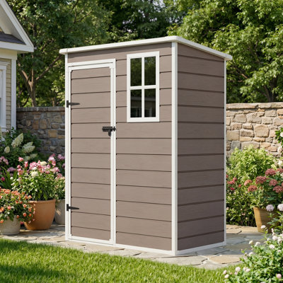 Remise de rangement extérieure en résine de l 5 pi x P 3 pi, remise de patio imperméable avec fenêtre, porte et plancher verrouillables, grande remise en plastique pour jardin, bord de piscine, pelouse, vélo