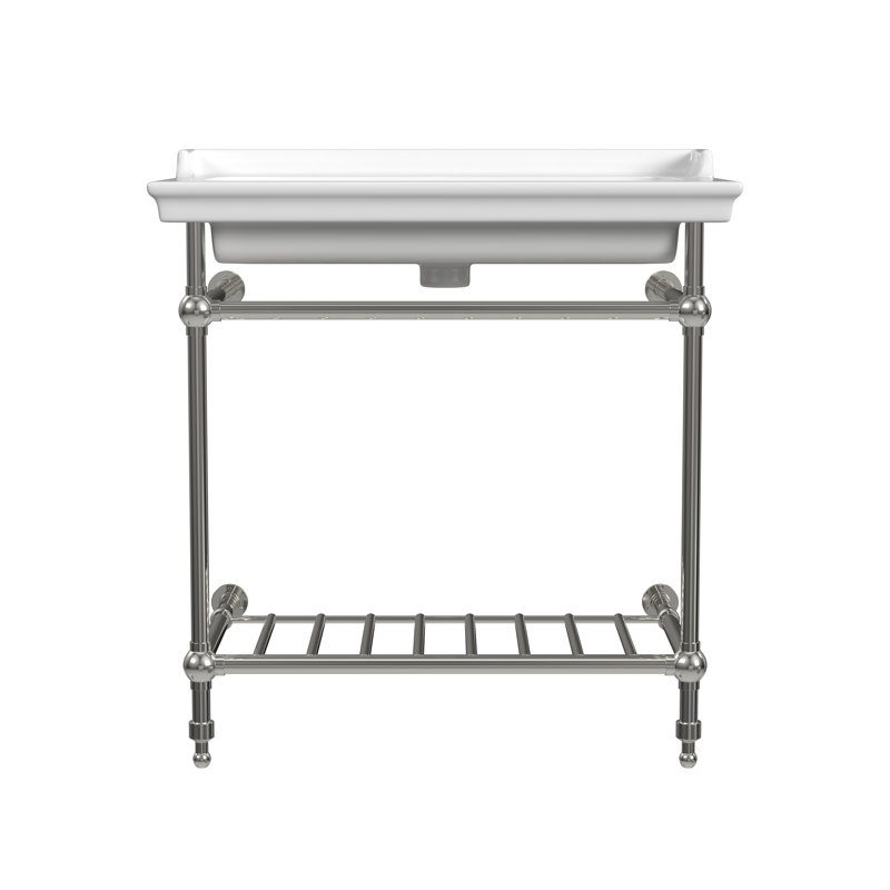 Gloss White Fireclay Rectangular Console Bathroom Sink with Overflow, Single, Chrome