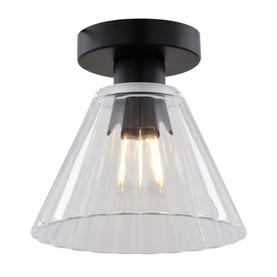 Luminaire suspendu 8 lumières Hertford Luminaire encastré cône large noir mat transitionnel, abat-jour en verre nervuré transparent, compatible DEL, pour plafonds bas, chambre à coucher, couloir, cuisine