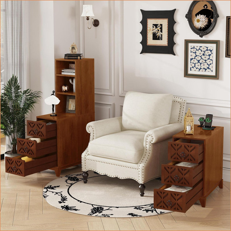 Table de chevet en noyer avec 3 tiroirs, tablettes réglables et station de charge, Beige