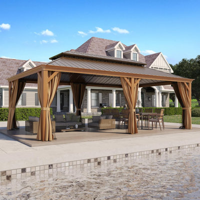 Pavillon de jardin 14 po x 22 pi avec structure en aluminium d'aspect bois, double toit en acier galvanisé et rideaux d'intimité pour le jardin, le patio, la cour, la terrasse et la pelouse