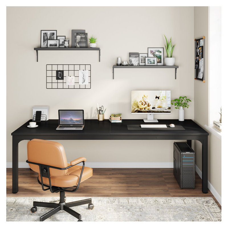 200cm W Metal Base Computer Desk, Black, Black