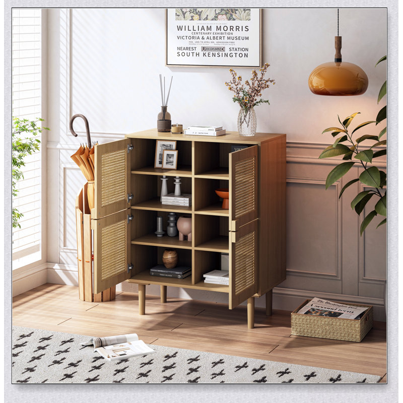 4-Doors Mesh Storage Cabinet With Eight Spacious Shelves, Ideal For Entryway, Living Room, And Hallway, Natural