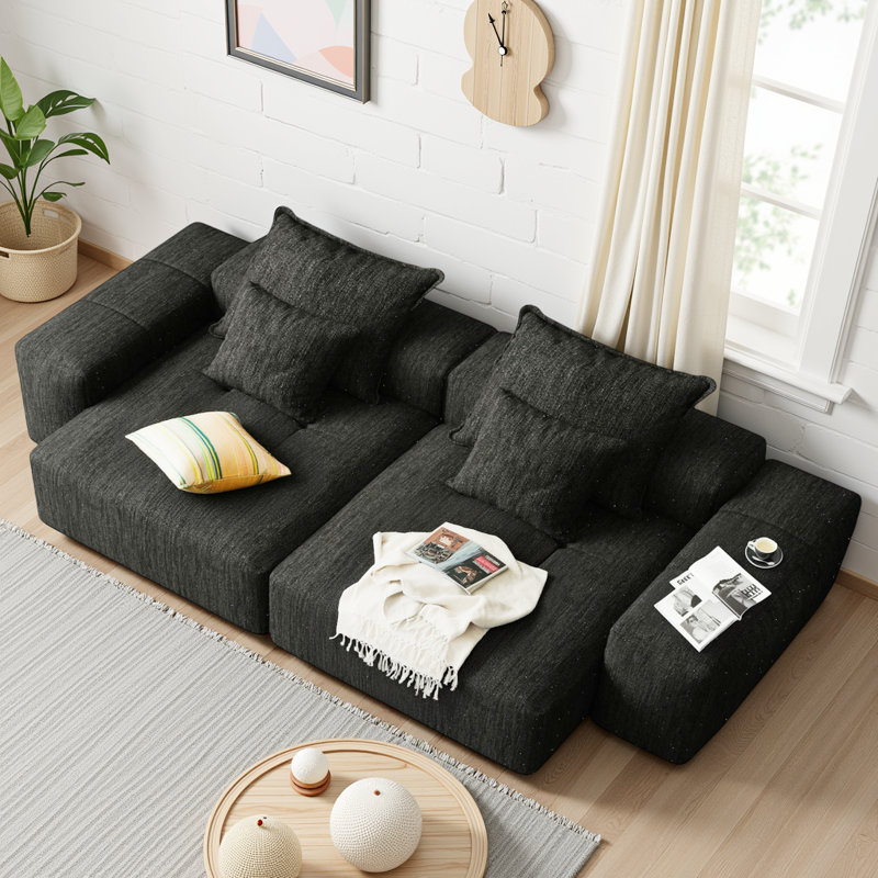 Canapé modulaire Boneless de 113 po, canapé 2 places en chenille scintillante avec 2 chaises et 4 coussins, Chenille noire