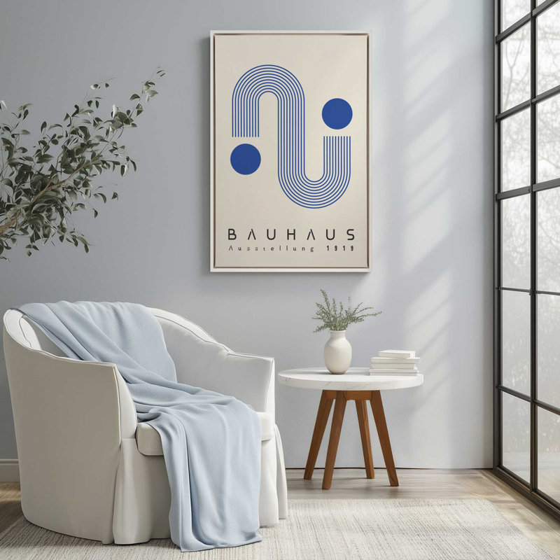 Linhaus Bauhaus linéaire sur toile bleue, Cadre flottant en chrome poli, H 48,75 po x l 32,75 po x P 1,75 po