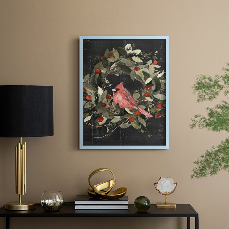 «Christmas Cardinal I», reproduction encadrée - bois massif, Bleu, H 30 po x l 24 po