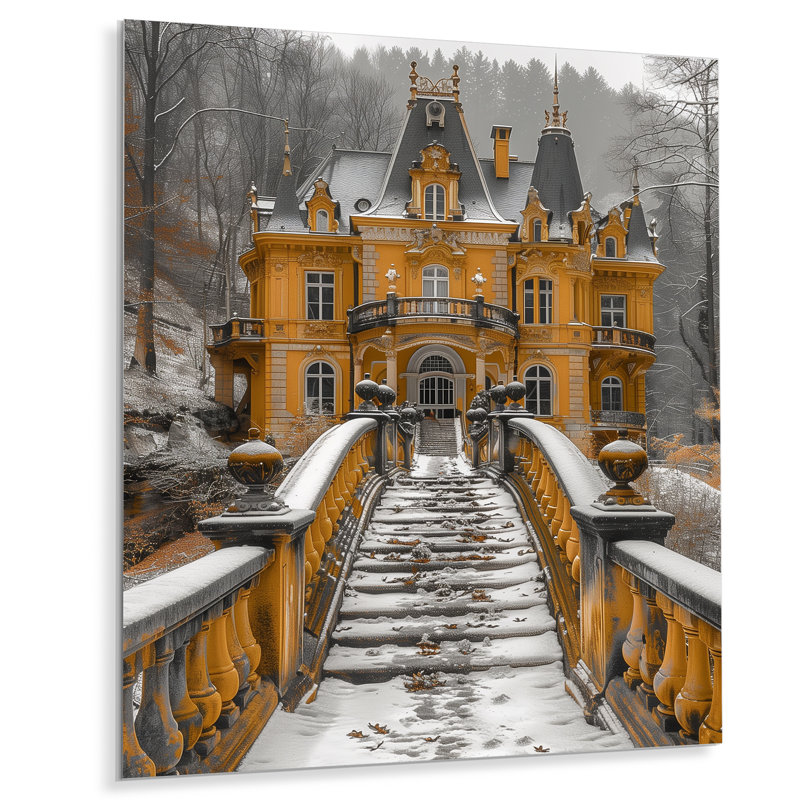 Orange orange, château d'hiver en France - Châteaux, art mural, Cadre flottant noir, 32" H x 16" W