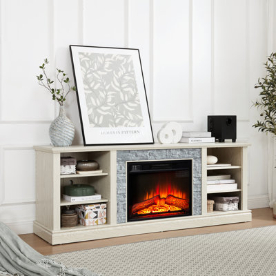 Grand support de télévision en faux pierre avec foyer de 23 po et beaucoup de rangement, blanc, s'adapte à la console de télévision de 75 po et offre beaucoup d'espace de rangement.