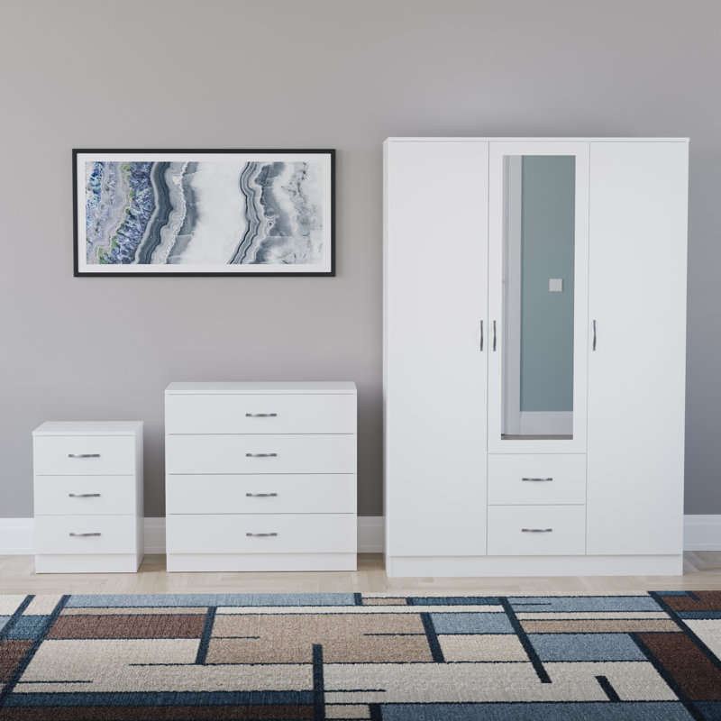 Maybery 3 Piece Bedroom Set (3 Drawer Bedside Chest, 4 Drawer Chest, 3 Door 2 Drawer Mirrored Wardrobe), (5), White
