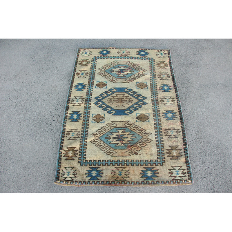 Tapis turc beige en laine rétro idéal pour la cuisine et la maison