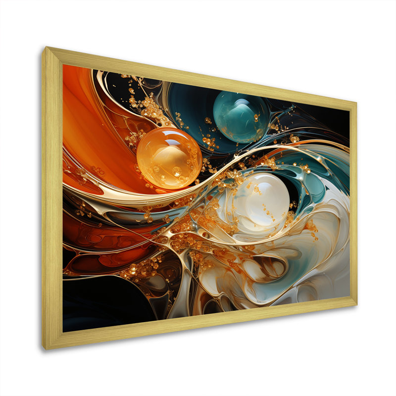 Planètes orange et or I - reproduction d'art sur toile, Cadre d'angle fermé doré, H 12 po x l 20 po x P 1 po