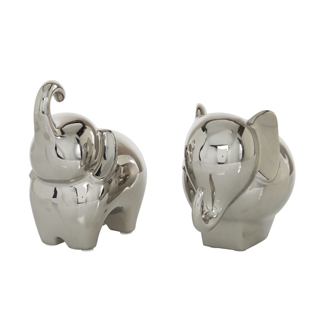 Set Of 2 Silver Porcelain Contemporary Elephant Sculpture, 6", 7" (Set of 2) Novogratz