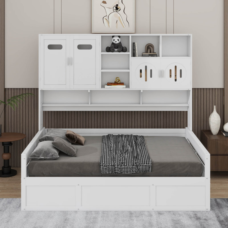 Lit de jour en bois avec hydraulique, armoire et tablette, Double, Blanc