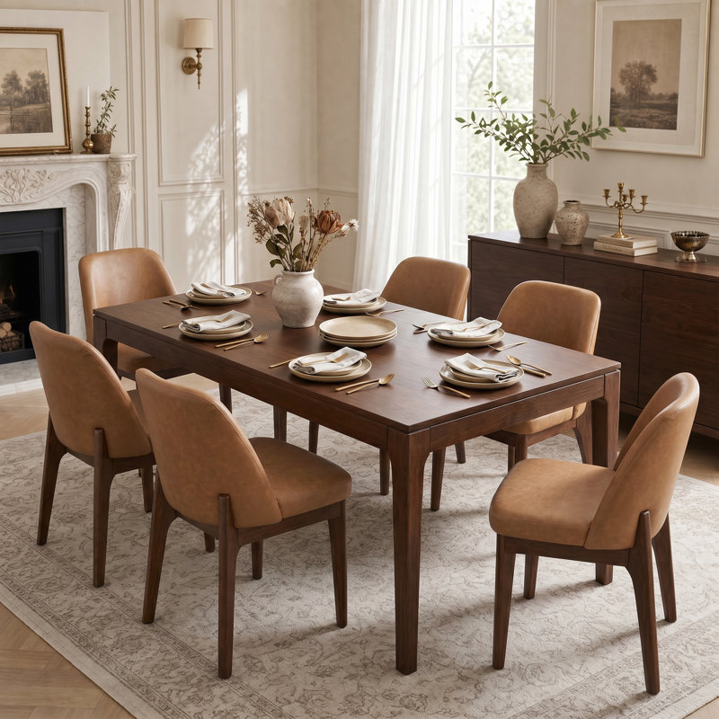 Bason Upholstered Faux Leather Dining Chairs Set of 6, Brown, 6