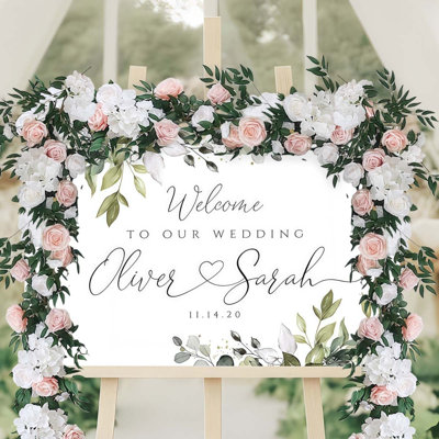 Artificial Flowers Garland For Outdoors White Faux Rose Garland 5.58Ft Silk Rose Hanging Vines Floral For Wedding Arch Party Wall Garden Ceremony Backdrop Fence Spring Decor