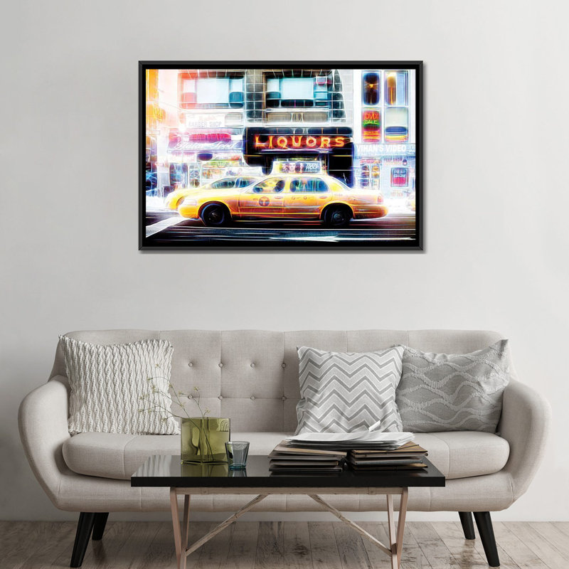 « liqueurs taxi » sur toile, H 18 po x l 26 po x P 1,5 po, Toile avec cadre noir, Pas de tapis