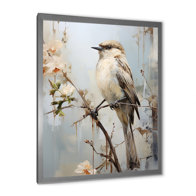 Minimalisme, oiseau beige sur une branche, H 20 po x l 12 po x P 1 po, Cadre simple argenté