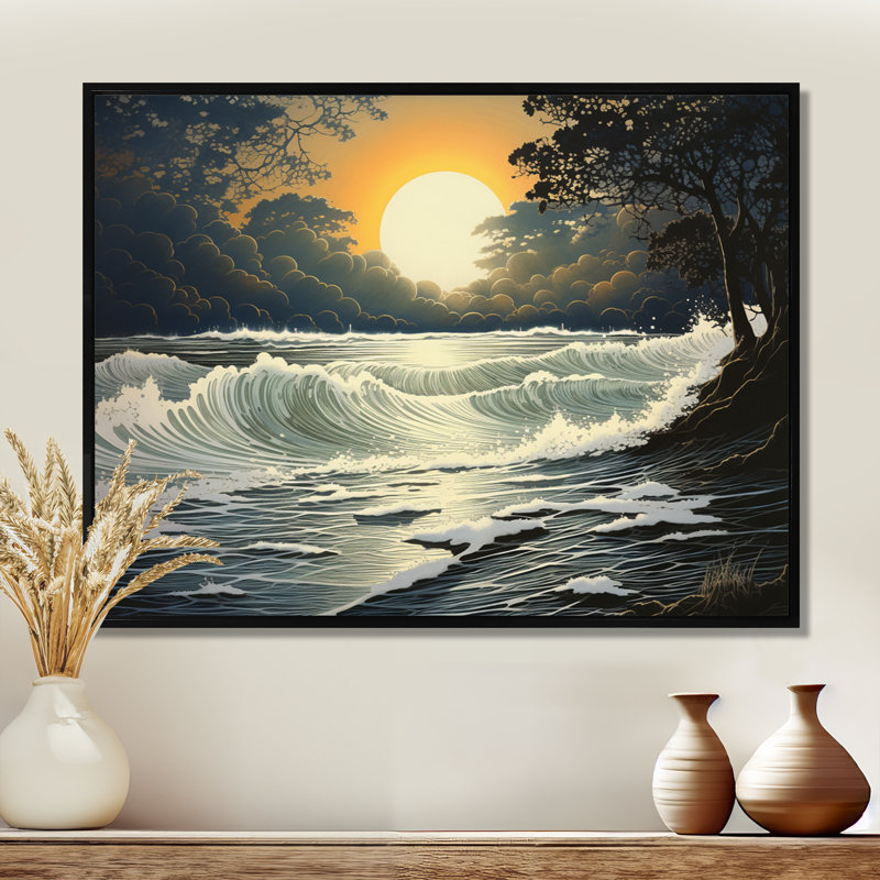 «Silver Wild Waves», coucher de soleil sur la forêt, impression d'art mural, Toile avec cadre flottant noir