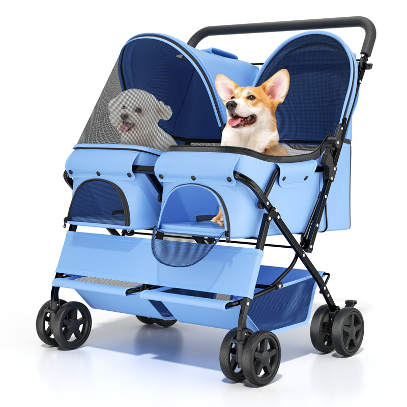 Double Pet Stroller, Foldable Dog Stroller 4-Wheel Travel Cart With 2-Seater Carrier, Adjustable Canopy, Storage Basket