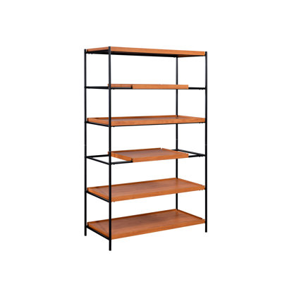 6-Shelf Bookcase In Honey Oak And Black Decoration - Spacious Interior