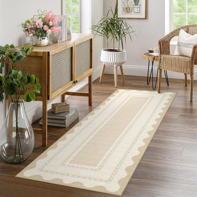 Washable Scalloped Area Rugs Living Room Rug Non Slip Stain-Resistant Rug for Bedroom Dining Room Home Office Linen, Beige
