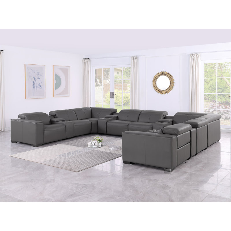 Glendale Luxurious 12-Piece U-Sectional In Genuine Leather With 4 Power Recliners And Power Headrests, Gray