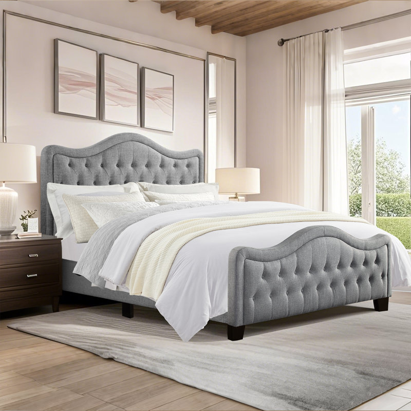 Upholstered Polyester Tufted Button Adjustable Height Headboard with Footboard, Gray, King