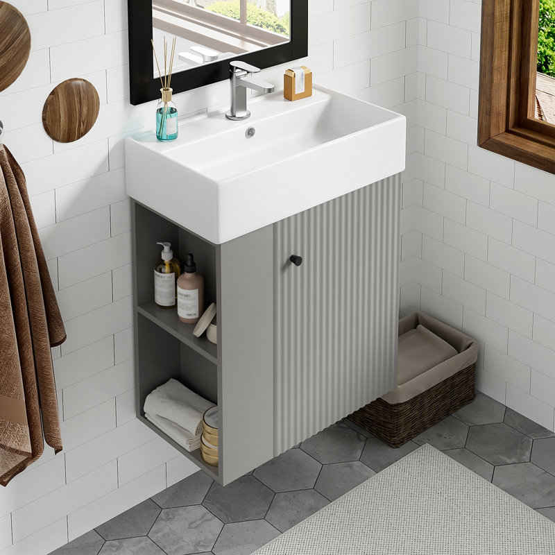 [Vidéo] Meuble-lavabo flottant moderne de 21,6 po avec lavabo en céramique - parfait pour les petites salles de bain, rangement à gauche