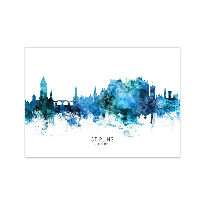 Stirling Scotland Skyline Blue City Name by Michael Tompsett - Print, 42cm H x 59cm W x 1cm D, Unframed
