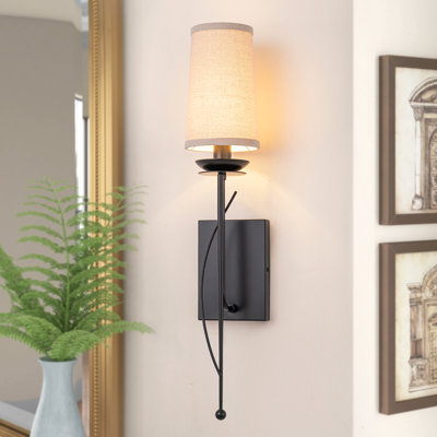 25.2" Matte Black Wall Sconce Modern Farmhouse Linen Fabric Shade | E12 Base Hardwired Wall Light | UL/ETL Listed For Bedroom Living Room Hallway