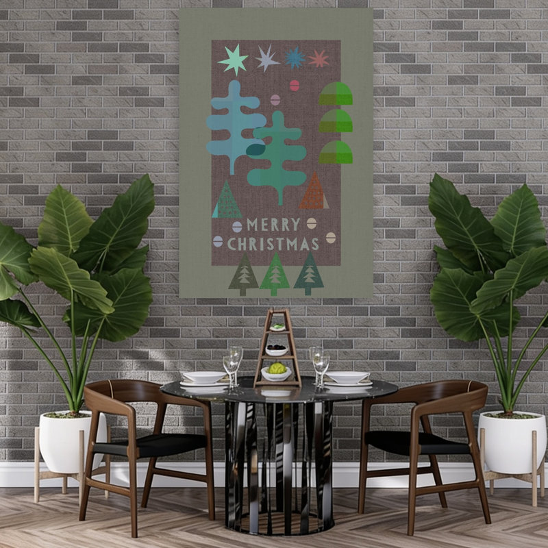 Merry Mid-Century Christmas Abstract Geometric Modern Christmas Tree Winter Landscape Wall Art Print, 60" H x 40" W