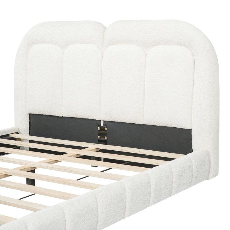 Grand lit plateforme tapissier avec tête de lit capitonnée Boucle, silencieux, support de 800 lb, durable et facile à nettoyer, blanc