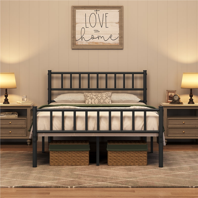 Minimalist Metal Bed Frame with Slatted Headboard, Black, Double (4'6)