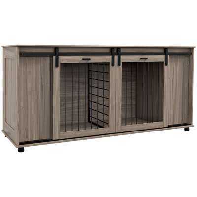 71" Dog Kennel Table Furniture, Walnut With Removable For 2 Small Dogs/1 Large Dog, Storage & Double Door Modern Crate, Partition Various Pet Dogs