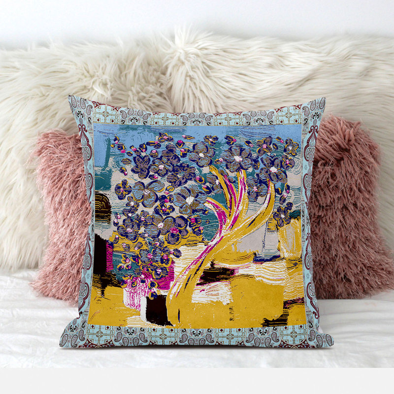 Housse et insert de coussin carré en polyester intérieur / extérieur, 20 po x 20 po, Bleu / jaune / rose