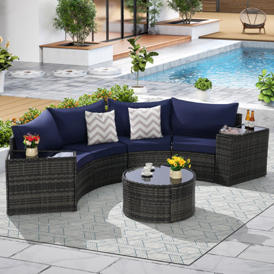Outdoor Patio Furniture 7-Piece Half-Moon Sectional Round Patio Furniture Set Sofa With Tempered Glass Round Coffee Table
