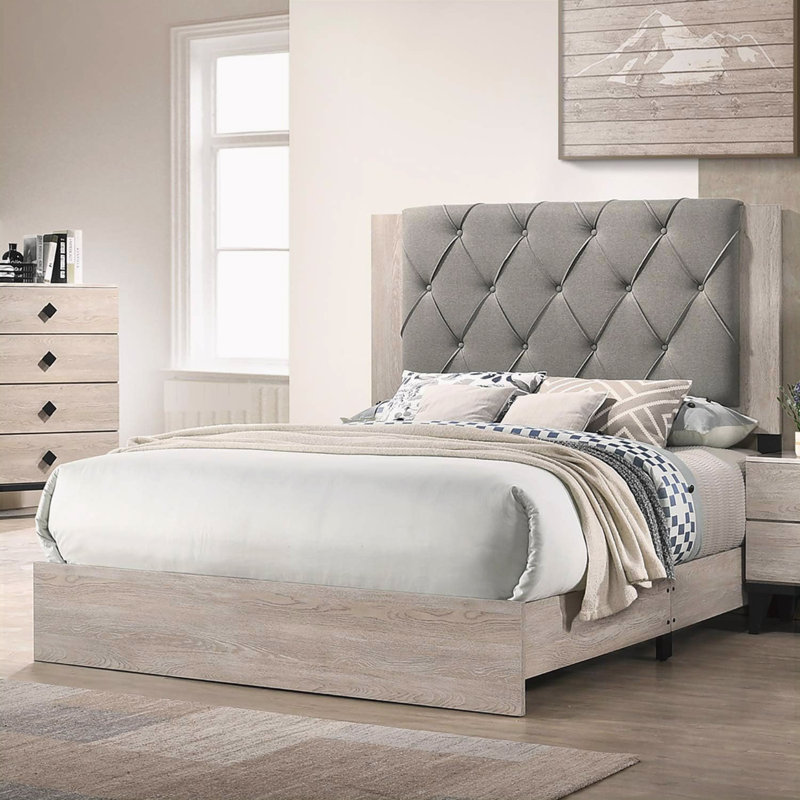Kipperman Upholstered Platform Bed, Cream/Gray, Queen