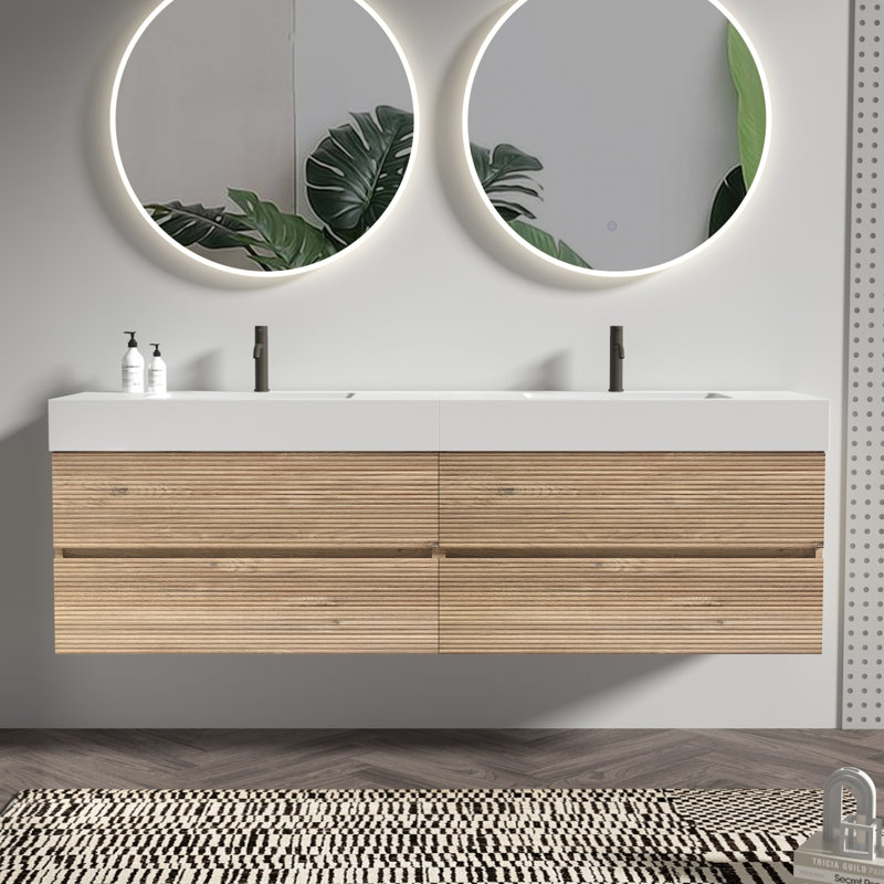 Meuble-lavabo mural 72 po avec lavabo à quartz et tiroirs, Blanc