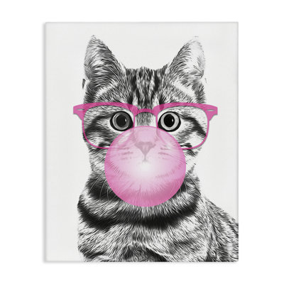Adorable Cat Bubble Gum Pink Glasses Monochrome Illustration  Super Oversized Stretched Canvas Wall Art by Annalisa Latella