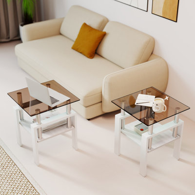 De 2 tables basses en verre trempé pour le salon, blanches, carrées, de 17,35 po, superposées, faciles à nettoyer et à assembler - pièces, dimensions, surface