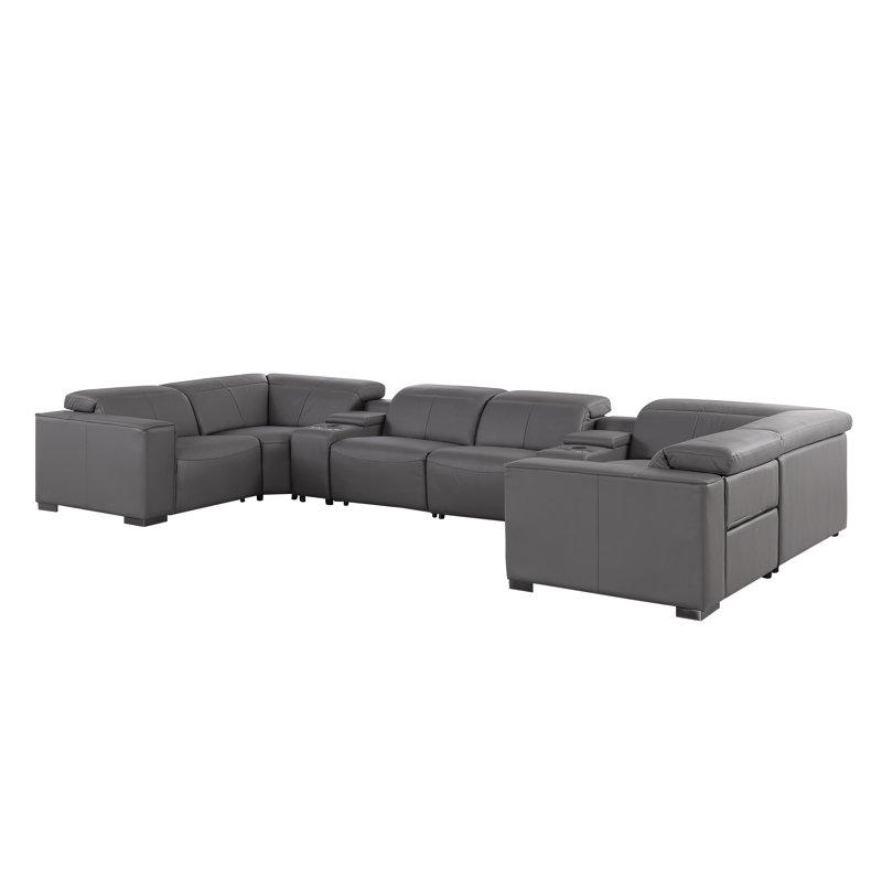 Hawthorne Luxurious 8-Piece 4-Power Reclining Genuine Leather U-Sectional With Power Headrests, Gray